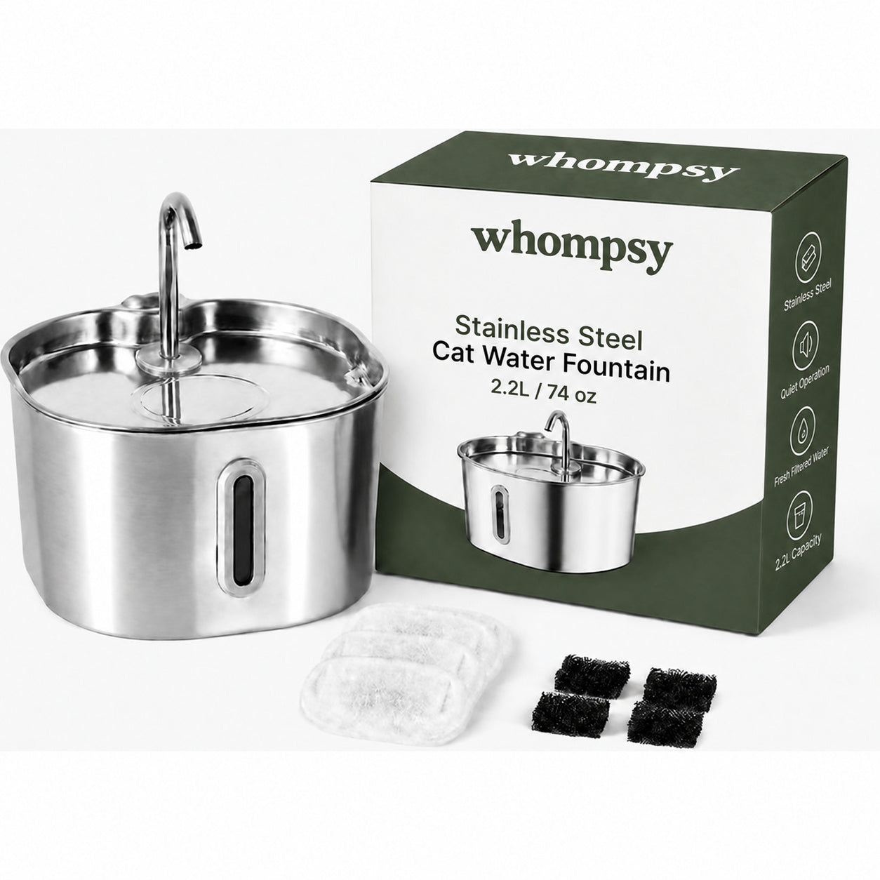 Whompsy stainless steel water fountain with two filter sets